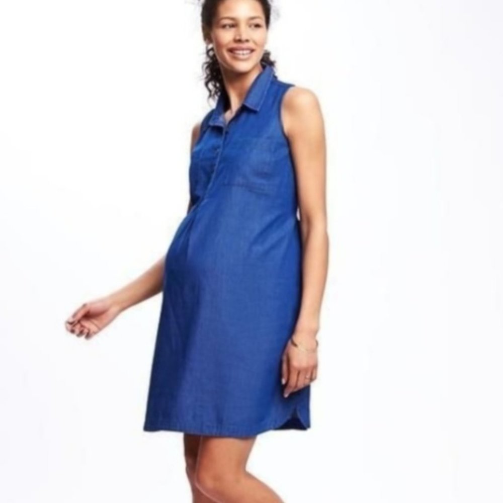 Maternity/ Nursing Denim Sleeveless Shirt Dress XS